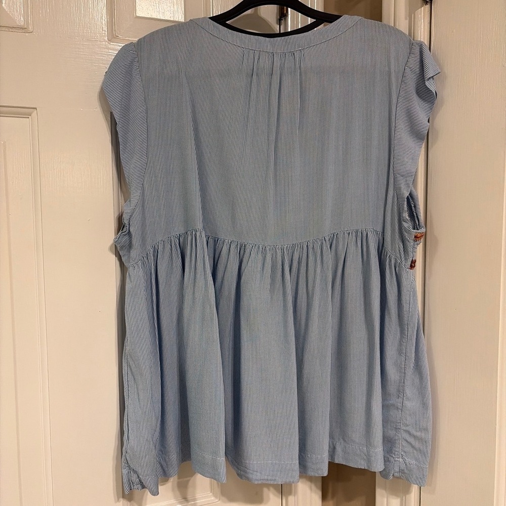 Lucky Brand Embroidered Pinstripe Babydoll Top Blue White XL Boho Cap Sleeve - Picture 3 of 9